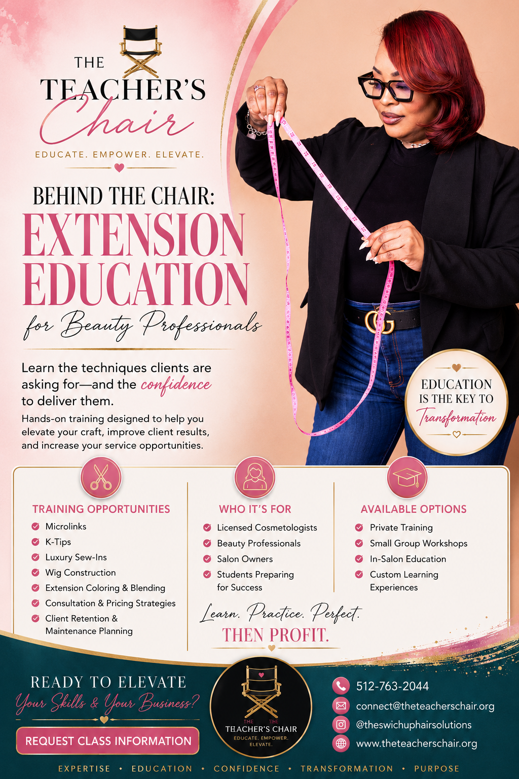 Hair extension education for beauty professionals featuring microlinks, K-tip extensions, luxury sew-ins, wig construction, extension coloring, consultation strategies, and business growth training.