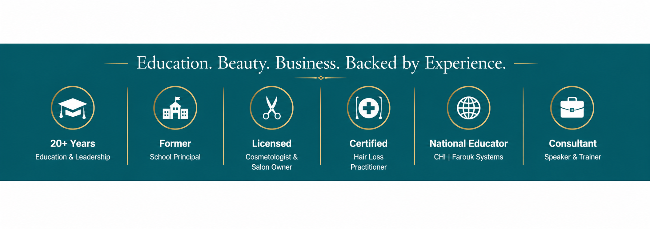 Logos and text on a green background with educational and professional achievements listed.