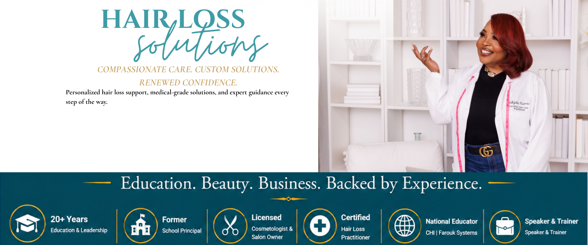 Advertisement for hair loss solutions with a woman in a white coat in a library setting.
