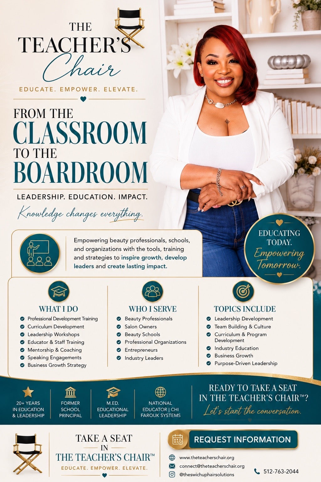 The Teacher's Chair leadership development, professional training, curriculum development, mentorship, business consulting, and educational workshops for beauty professionals, schools, entrepreneurs, and organizations.