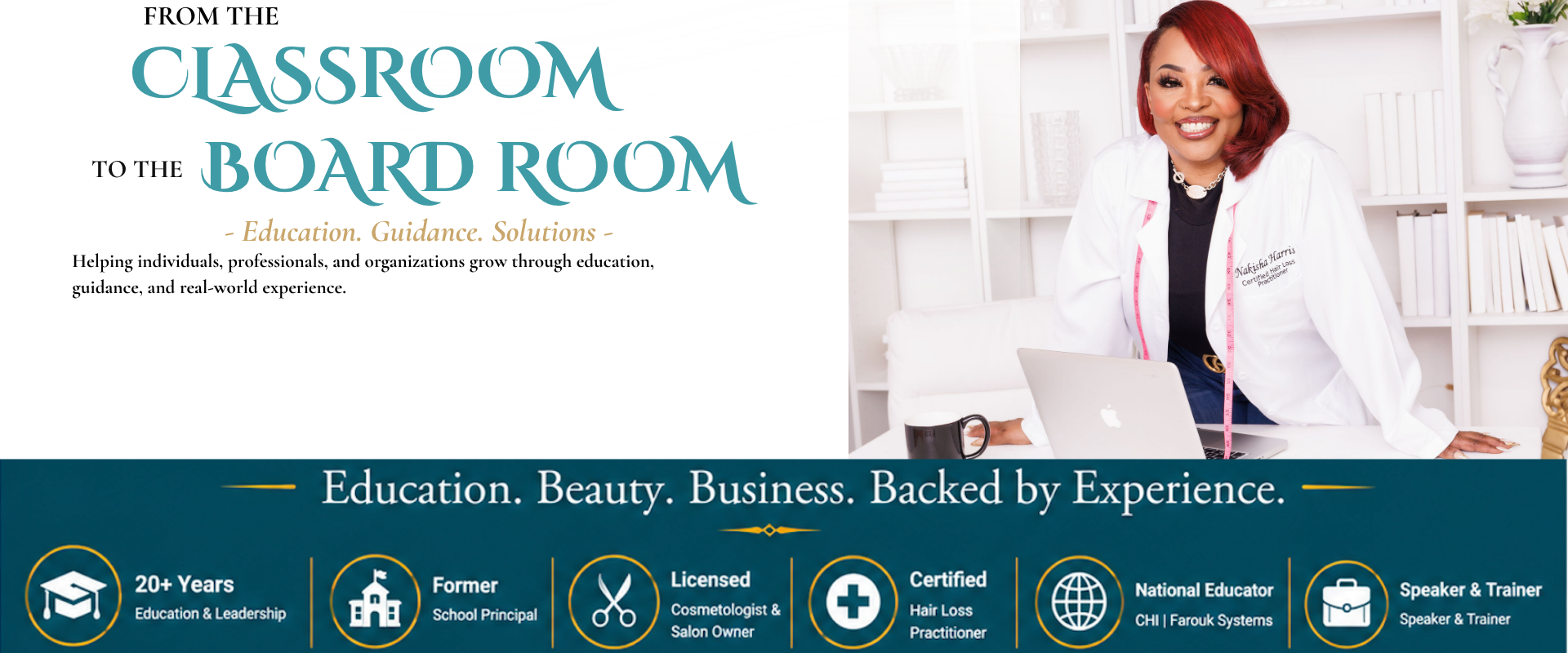 Woman in a white coat representing The Teacher's Chair, offering beauty services, hair loss solutions, cranial prosthesis support, professional education, leadership development, and business consulting.